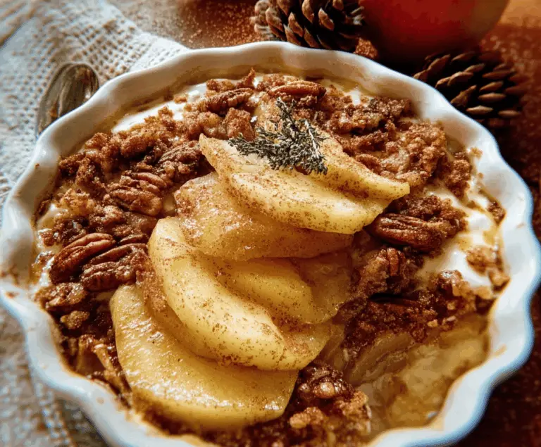 Delicious homemade apple casserole topped with golden brown crumble, served in a baking dish, perfect for fall desserts.