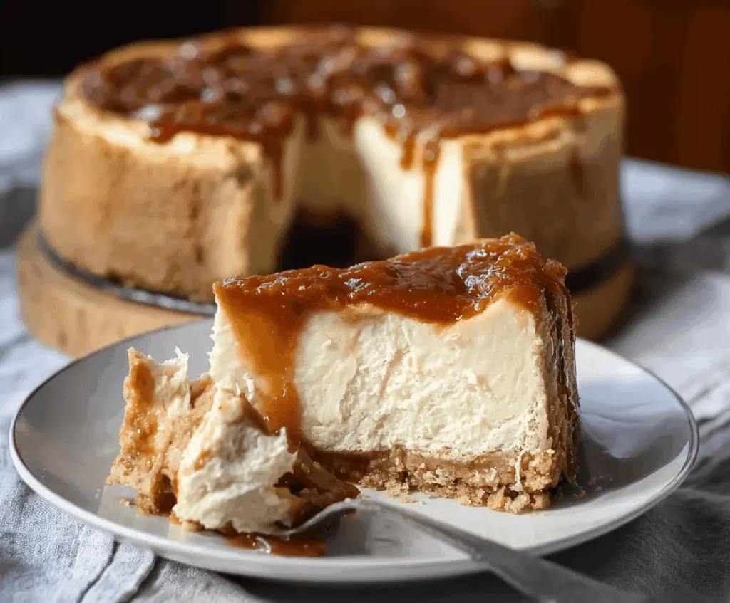 Delicious Apple Cider Cheesecake topped with caramelized apple slices and a drizzle of caramel sauce on a decorative plate