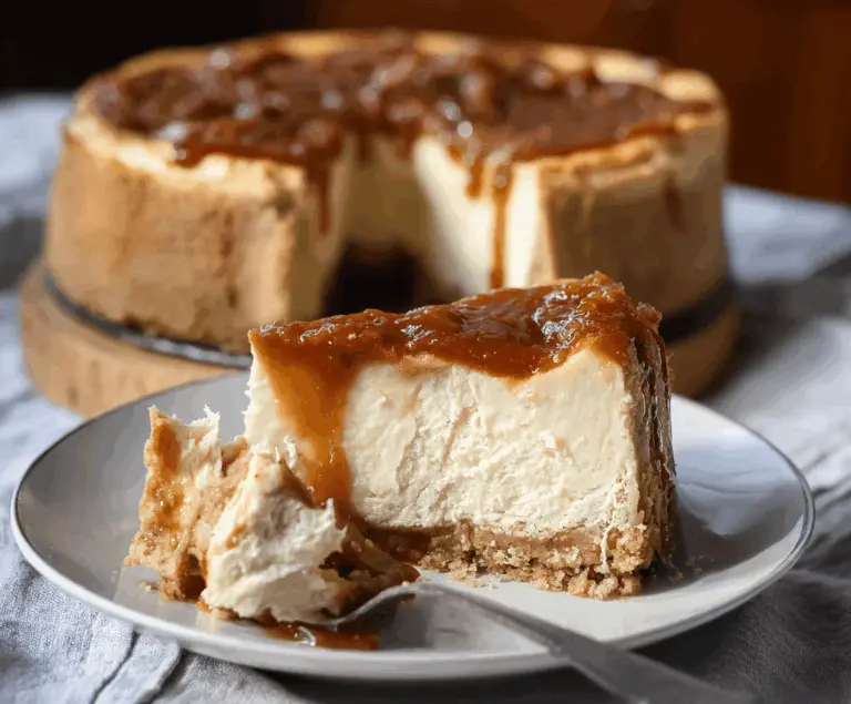 Delicious Apple Cider Cheesecake topped with caramelized apple slices and a drizzle of caramel sauce on a decorative plate