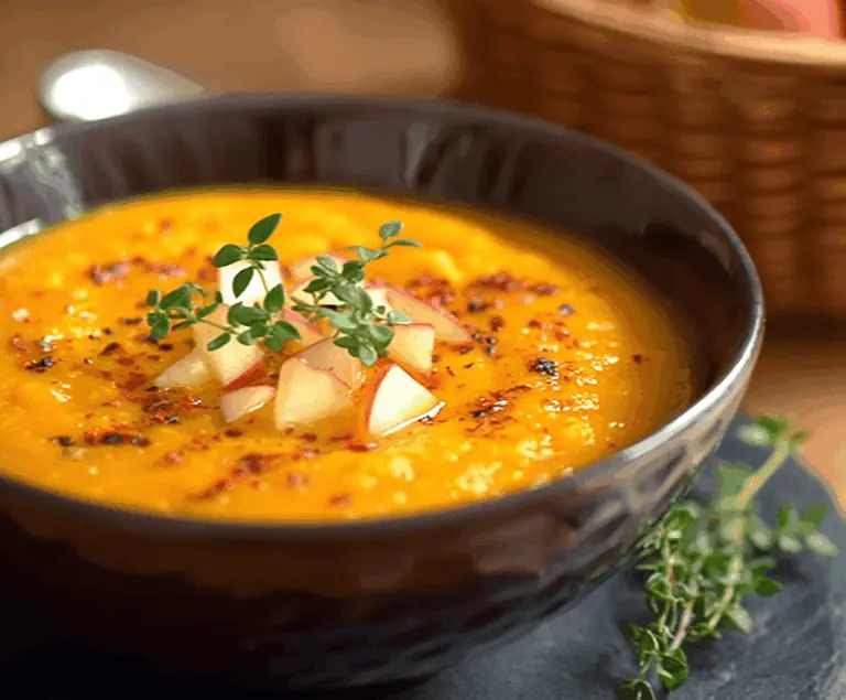 Creamy apple and sweet potato soup garnished with fresh herbs in a rustic bowl, perfect for a comforting fall meal.