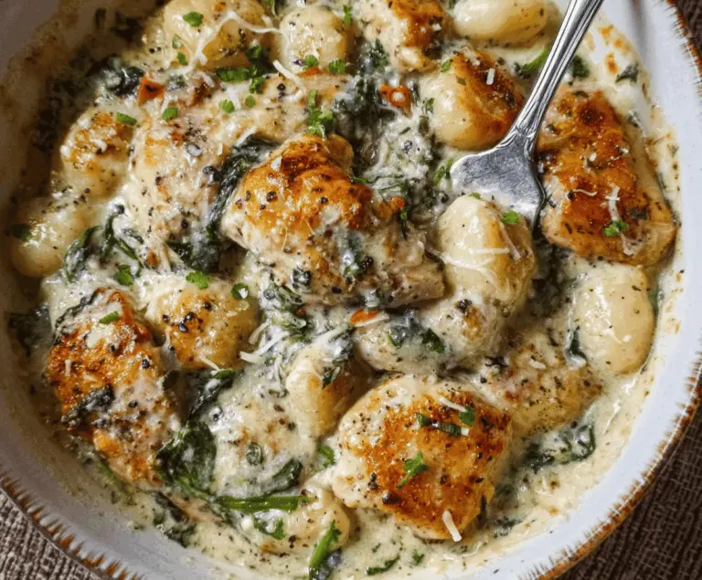 Creamy Asiago Chicken Gnocchi dish featuring tender chicken, soft gnocchi, and melted Asiago cheese garnished with fresh herbs
