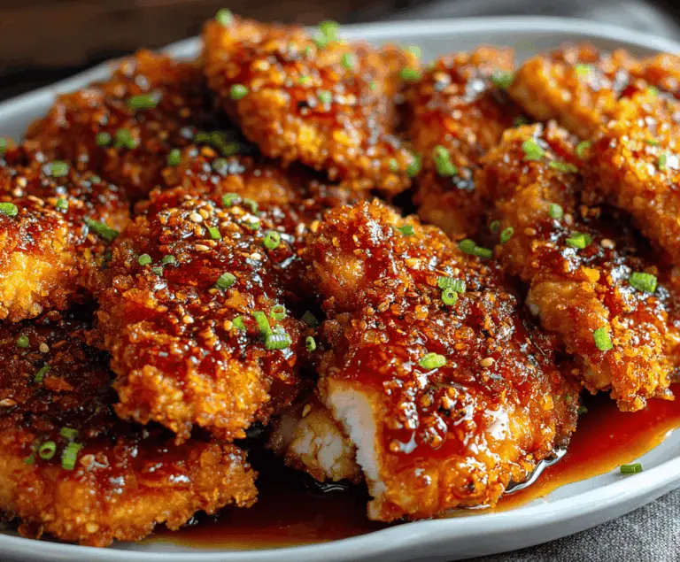 Golden baked crunchy hot honey chicken served on a plate, featuring crispy coating and drizzled with spicy honey sauce, perfect for a flavorful meal.