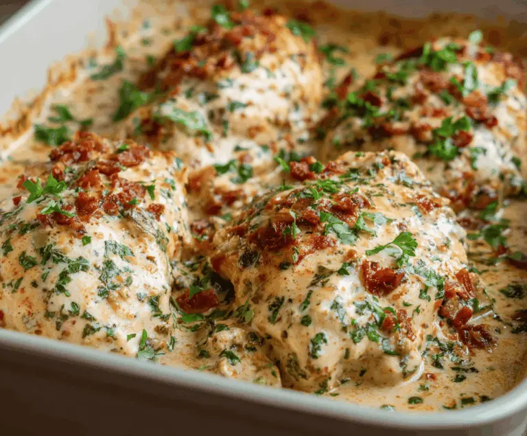Creamy baked Tuscan chicken casserole topped with golden cheese and fresh herbs, served in a baking dish.