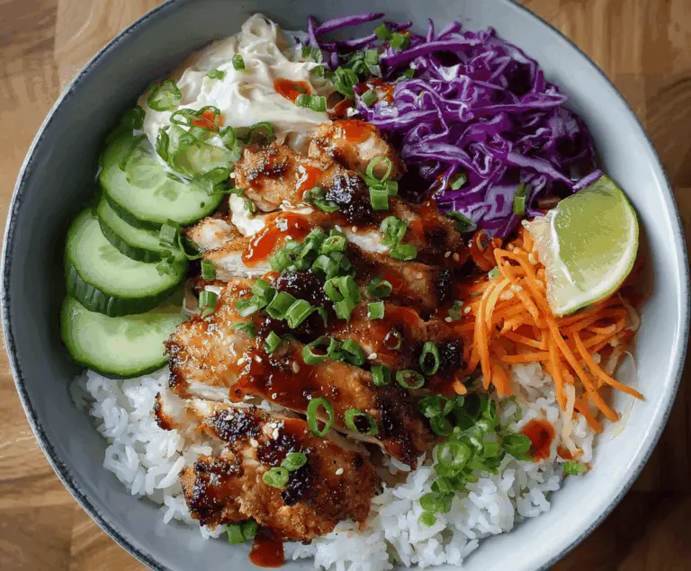 Delicious Bang Bang Chicken Bowl featuring crispy chicken, fresh vegetables, and spicy creamy sauce, served in a bowl for a flavorful meal.