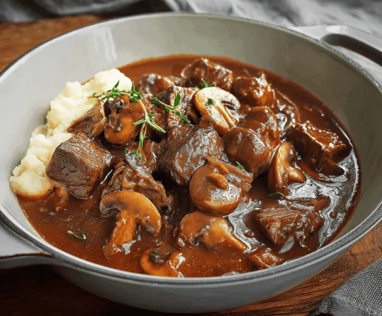 Hearty beef stew with tender beef chunks and sliced mushrooms in a flavorful broth, served in a rustic bowl.