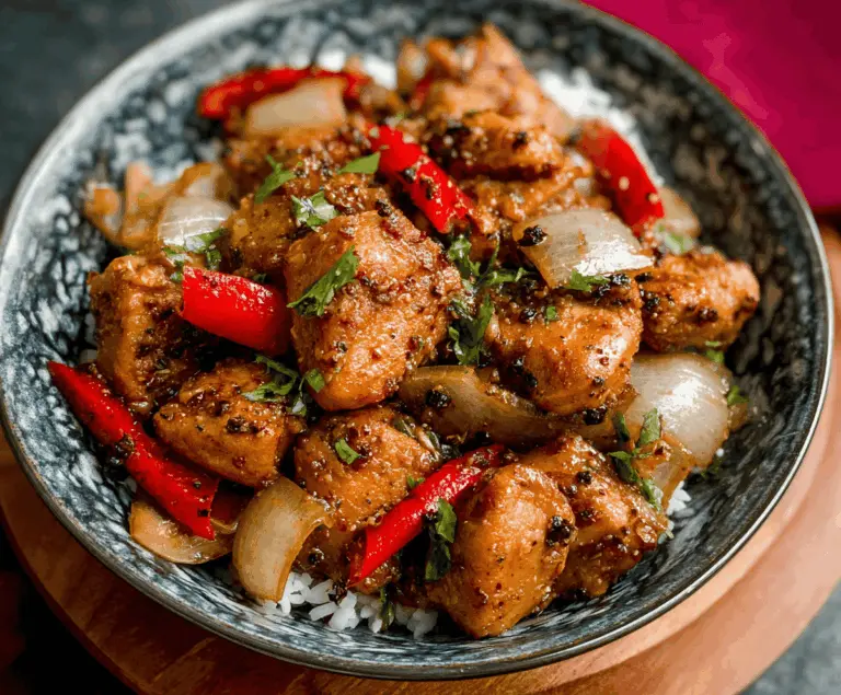 Delicious Black Pepper Chicken served with fresh vegetables and steamed rice, showcasing a flavorful and spicy Asian-inspired dish.
