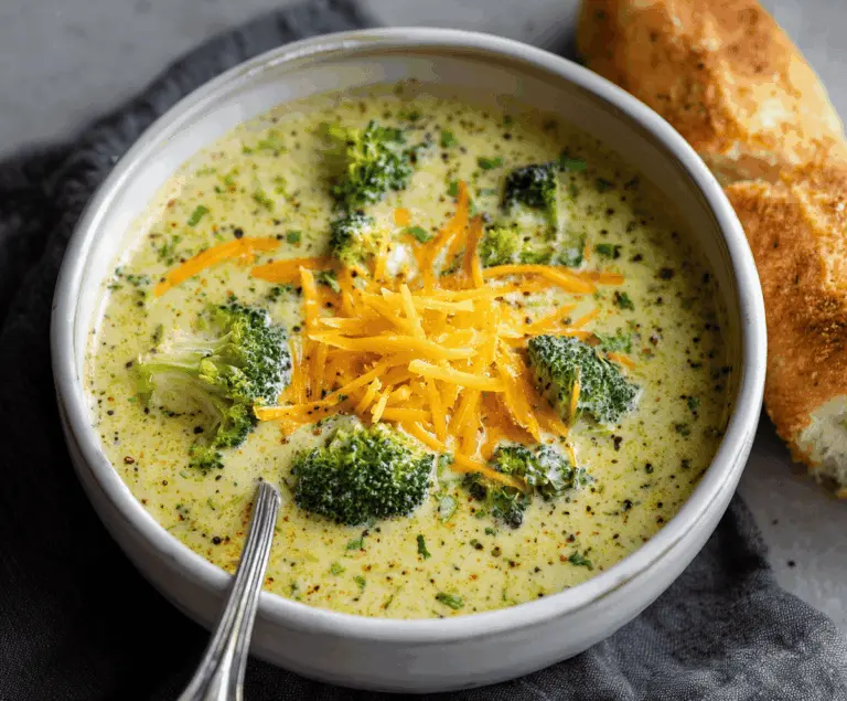 Creamy broccoli cheddar soup in a bowl topped with shredded cheddar cheese and fresh broccoli florets, served with crusty bread on a rustic wooden table.