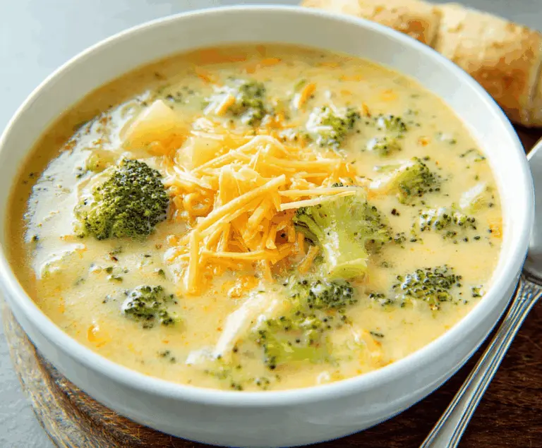 Creamy broccoli, potato, and cheese soup in a bowl with fresh broccoli florets and melted cheese topping, perfect for a comforting meal.