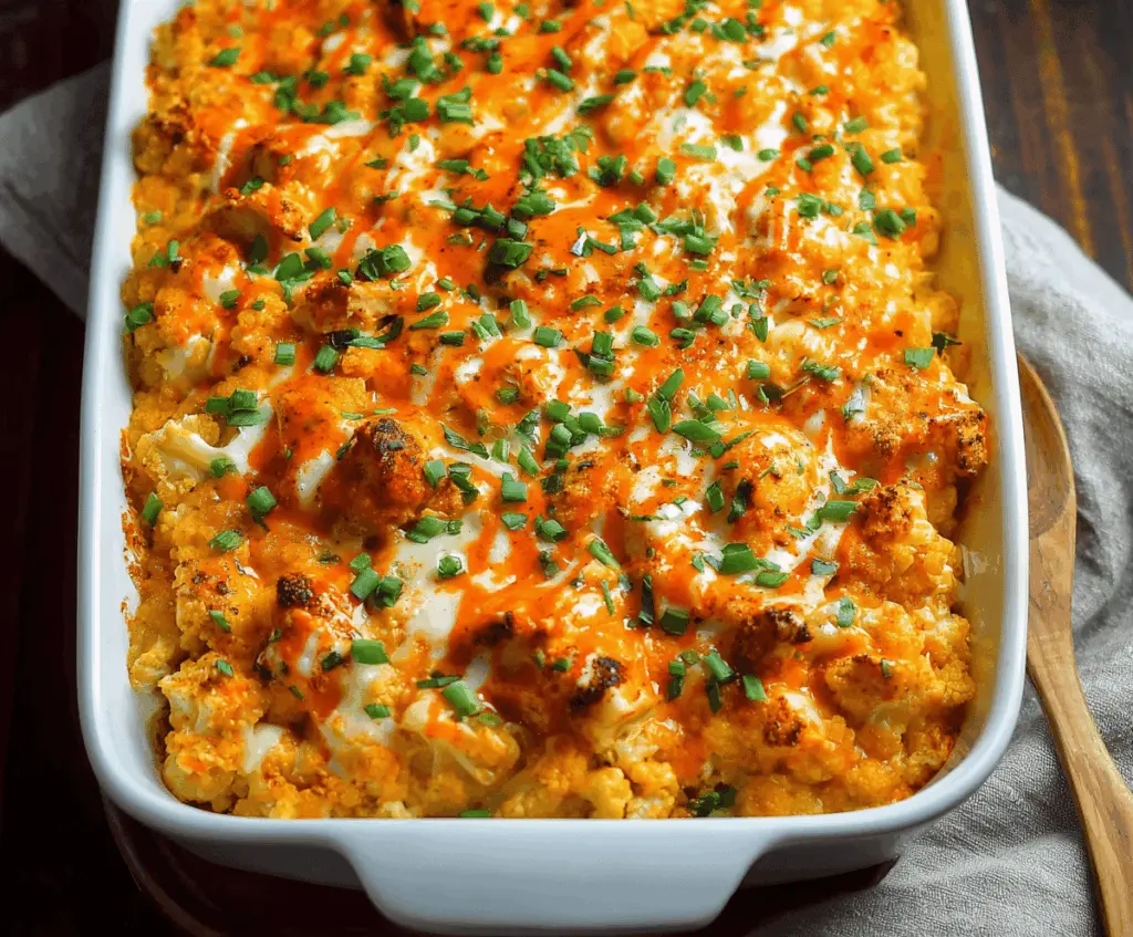 Buffalo Chicken Cauliflower Casserole topped with melted cheese and spicy buffalo sauce, served in a baking dish