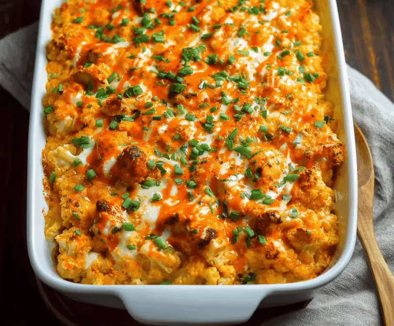Buffalo Chicken Cauliflower Casserole topped with melted cheese and spicy buffalo sauce, served in a baking dish
