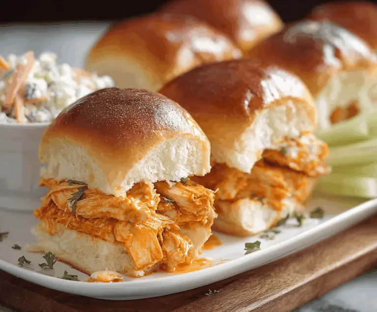 Delicious buffalo chicken sliders topped with melted cheese and fresh toppings on mini buns, perfect for appetizer or snack.