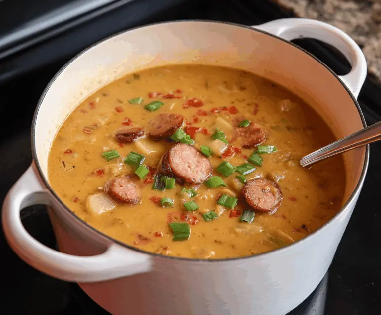 Creamy Cajun Potato Soup in a bowl topped with green onions and spices, perfect for a flavorful and hearty meal.