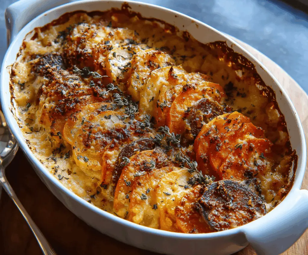 Delicious cheesy root vegetable gratin with golden browned cheese topping and colorful sliced root vegetables in a baking dish