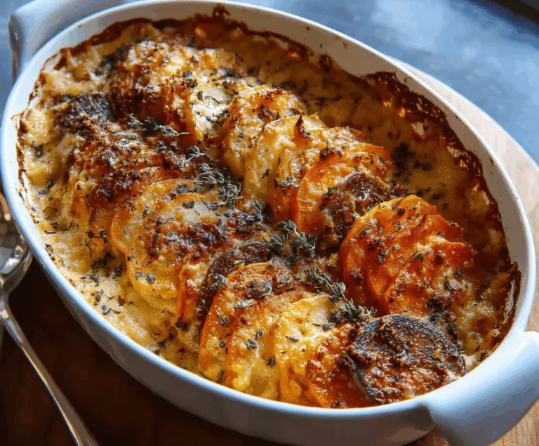 Delicious cheesy root vegetable gratin with golden browned cheese topping and colorful sliced root vegetables in a baking dish