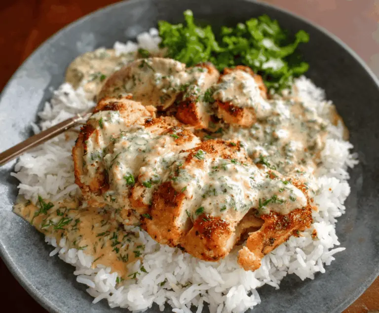 Delicious chicken and rice bowls topped with creamy garlic sauce, garnished with fresh herbs, served in a white bowl on a wooden table.