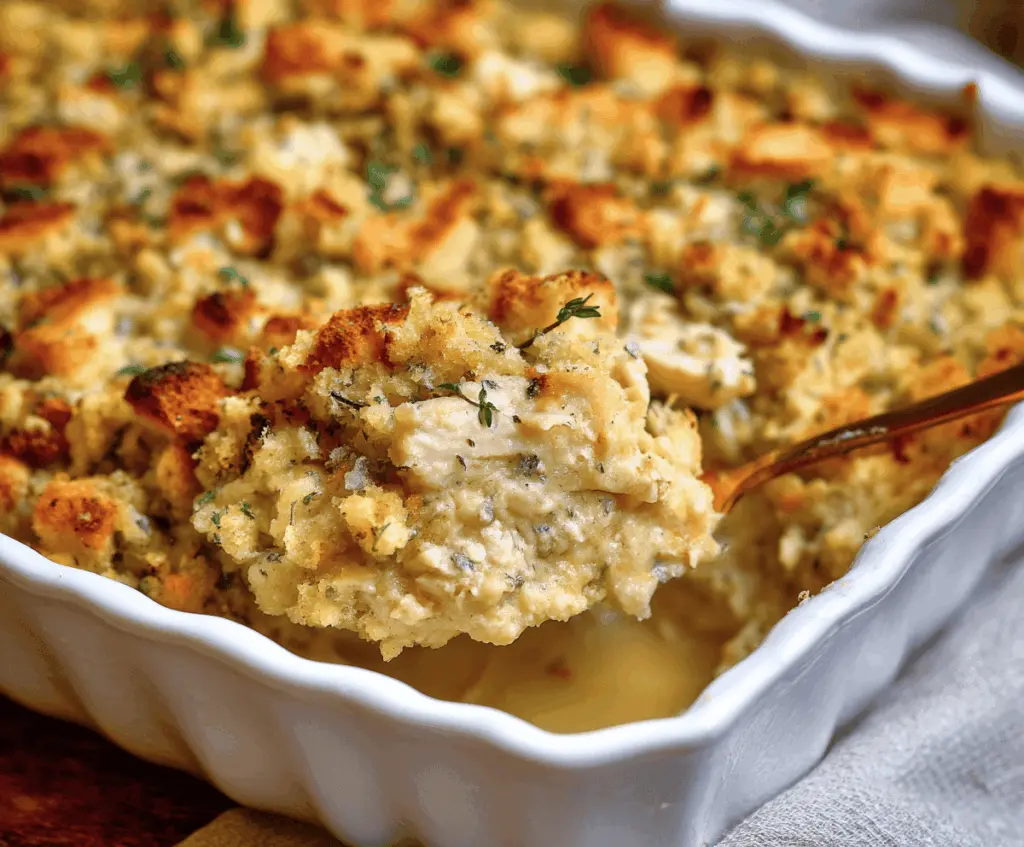 Delicious Chicken and Stuffing Bake topped with golden crispy stuffing and tender shredded chicken in a savory casserole dish