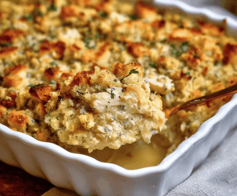 Delicious Chicken and Stuffing Bake topped with golden crispy stuffing and tender shredded chicken in a savory casserole dish