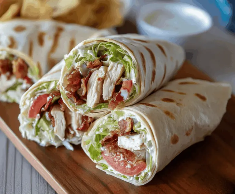 Delicious Chicken Bacon Ranch Wraps filled with grilled chicken, crispy bacon, fresh lettuce, and creamy ranch sauce in a soft tortilla