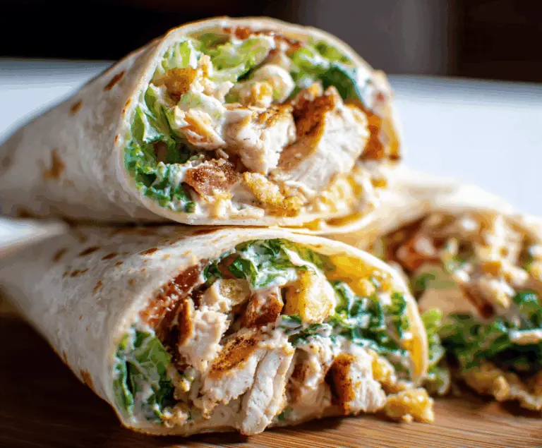 Fresh Chicken Caesar Wrap with crisp romaine lettuce, creamy Caesar dressing, shredded chicken, and a whole wheat tortilla, perfect for a quick and tasty meal.