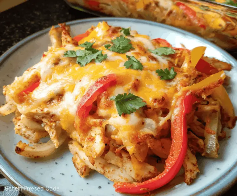 Delicious Chicken Fajita Casserole with colorful bell peppers, melted cheese, and seasoned chicken served in a baking dish