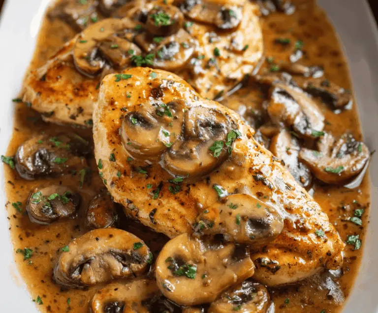 Delicious Chicken Marsala topped with fresh herbs, served with sautéed vegetables and a glass of white wine on a plate