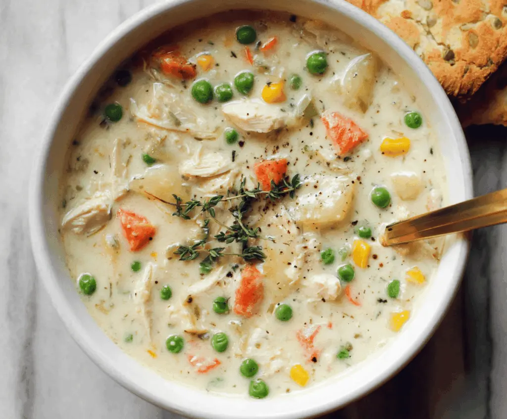 Creamy chicken pot pie soup garnished with fresh herbs in a bowl, featuring chunks of tender chicken, vegetables, and a flaky crust topping.