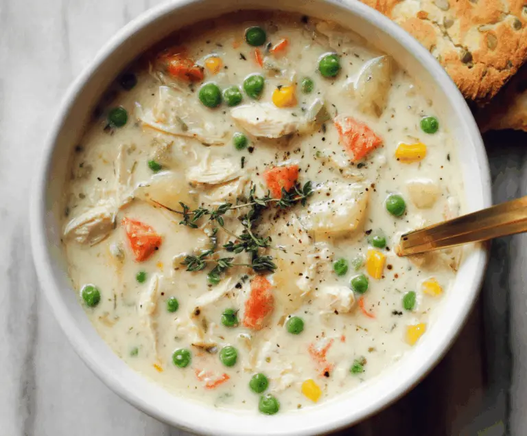 Creamy chicken pot pie soup garnished with fresh herbs in a bowl, featuring chunks of tender chicken, vegetables, and a flaky crust topping.