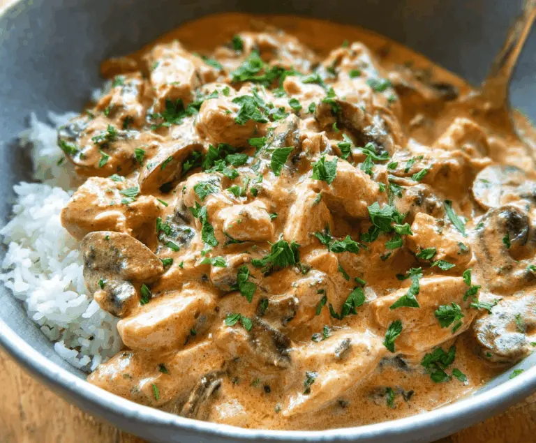 Creamy chicken stroganoff served over noodles with mushrooms and herbs, perfect for a comforting meal.