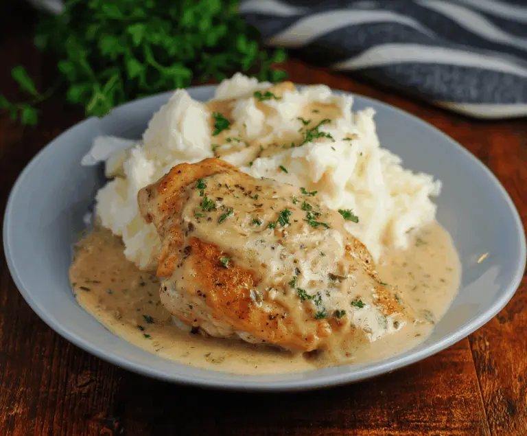 Delicious grilled chicken served with creamy Dijon sauce and fluffy mashed potatoes on a white plate.