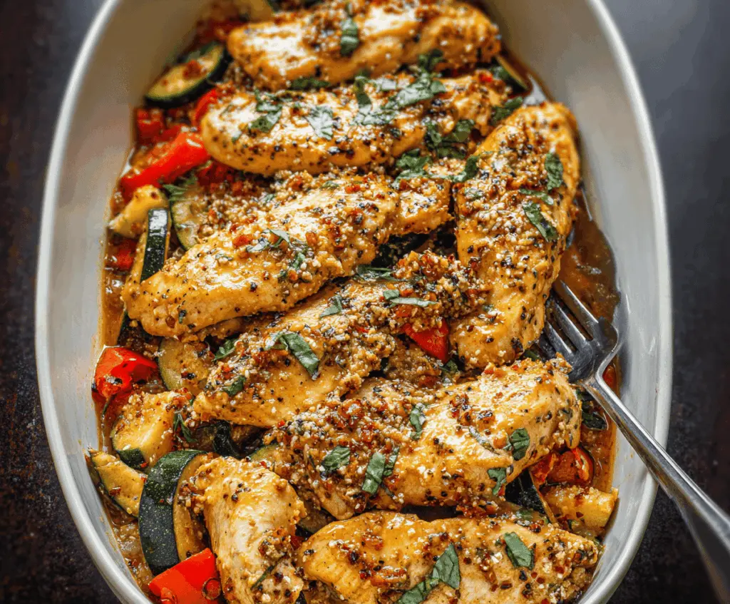 Delicious Chicken Zucchini Stir Fry with colorful vegetables and tender chicken slices on a white plate, perfect for a healthy meal.