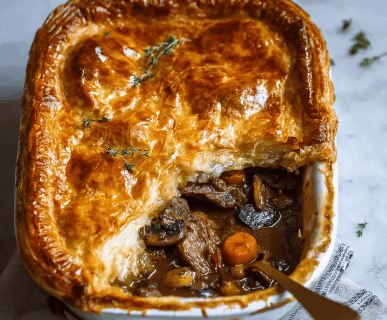 Delicious chunky beef and mushroom pie topped with golden crust, served with fresh herbs on a rustic plate.