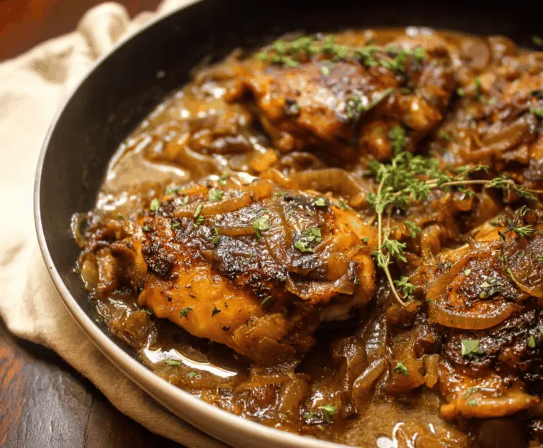 Juicy chicken braised in cider with golden caramelized onions, served on a plate with fresh herbs, perfect for a flavorful fall meal.