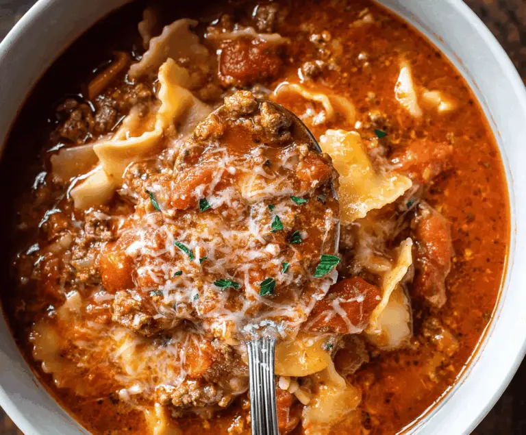 A steaming bowl of Classic Lasagna Soup topped with melted cheese, fresh basil, and meat sauce, served with garlic bread on the side.