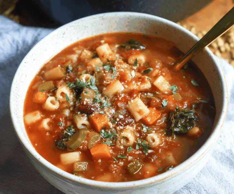 A bowl of hearty classic minestrone soup filled with vegetables, beans, pasta, and herbs served in a rustic bowl.