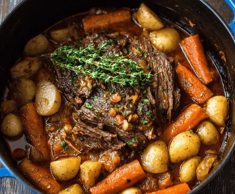 Hearty classic pot roast served with tender vegetables and rich gravy on a rustic plate