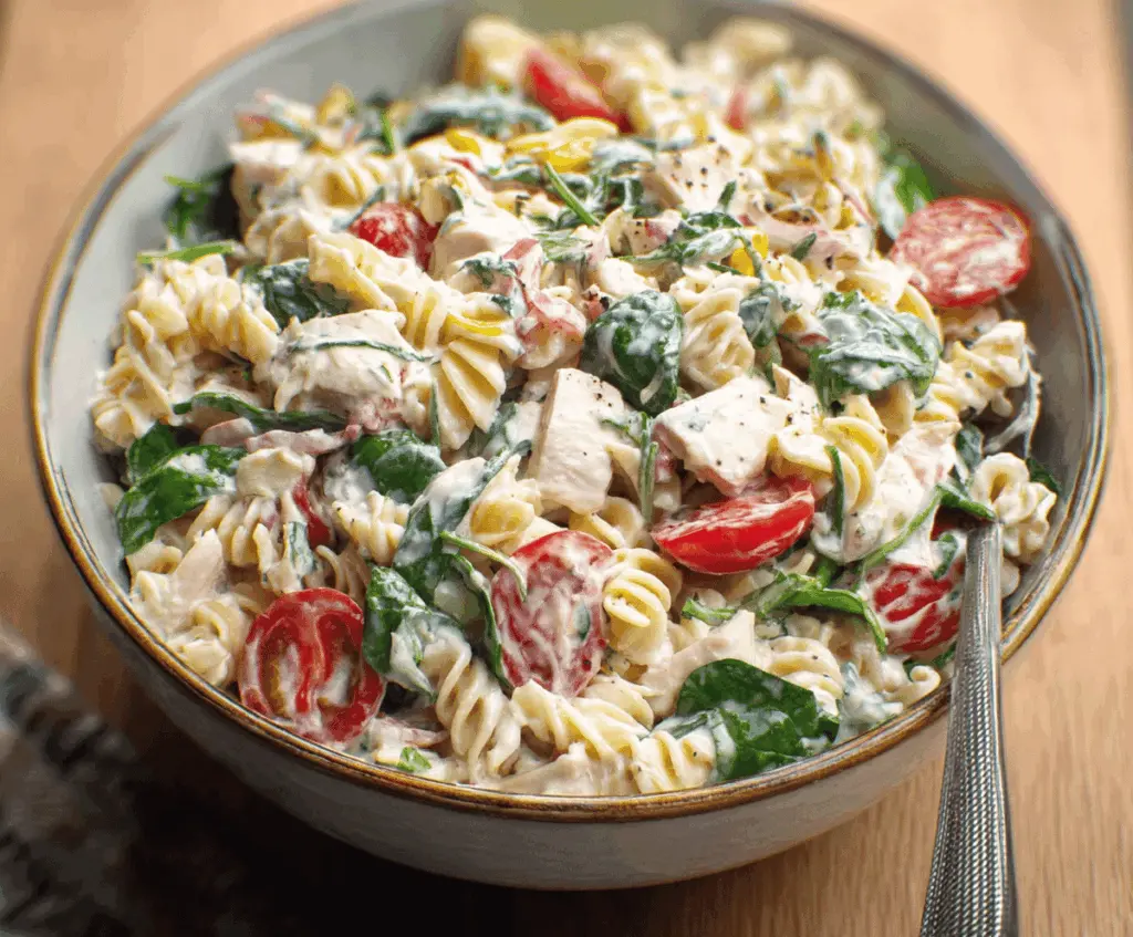 Cold chicken spinach pasta salad with grilled chicken, fresh spinach, cherry tomatoes, and creamy dressing in a bowl.