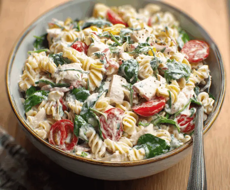 Cold chicken spinach pasta salad with grilled chicken, fresh spinach, cherry tomatoes, and creamy dressing in a bowl.