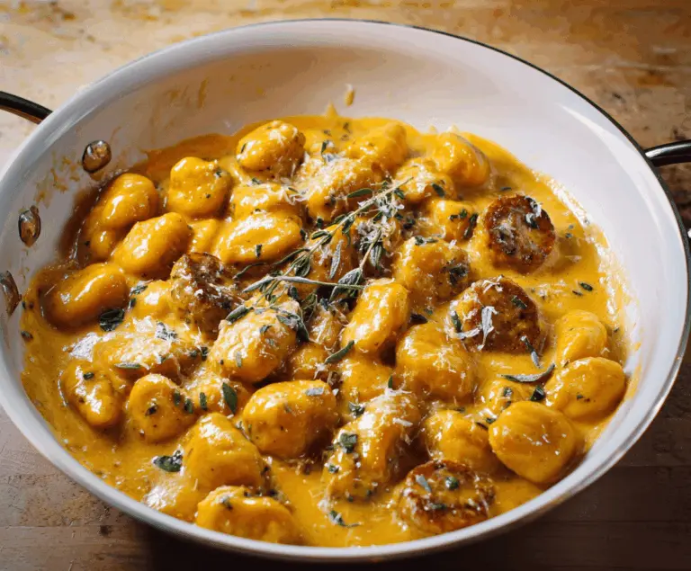 Creamy butternut squash gnocchi with sausage, served in a savory sauce, garnished with herbs, perfect for a comforting fall meal.