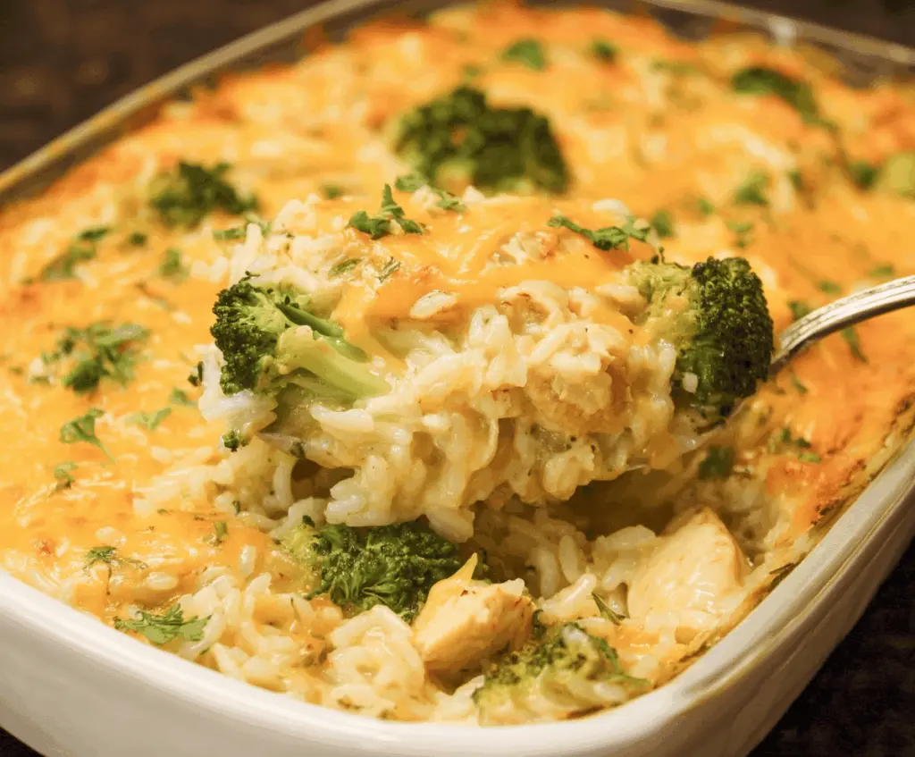 Creamy chicken broccoli rice cheese casserole in a baking dish, topped with melted cheese and fresh parsley, ready to serve.