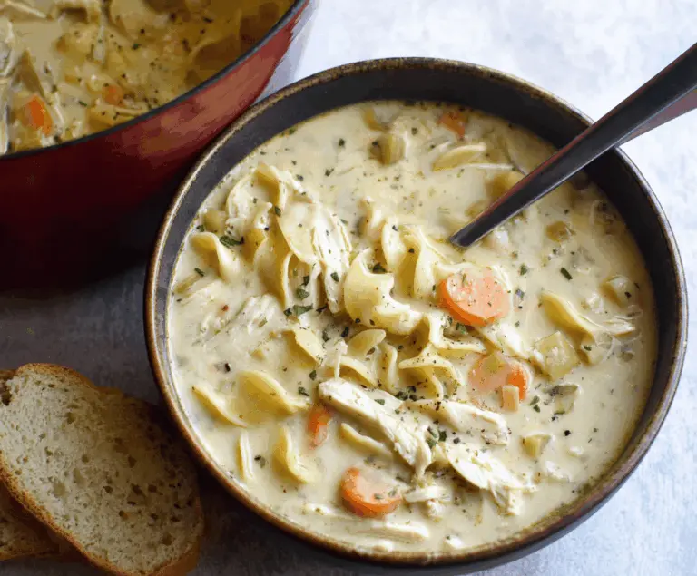Creamy chicken noodle soup in a bowl garnished with fresh herbs, featuring tender chicken, noodles, and vegetables in a rich, creamy broth.