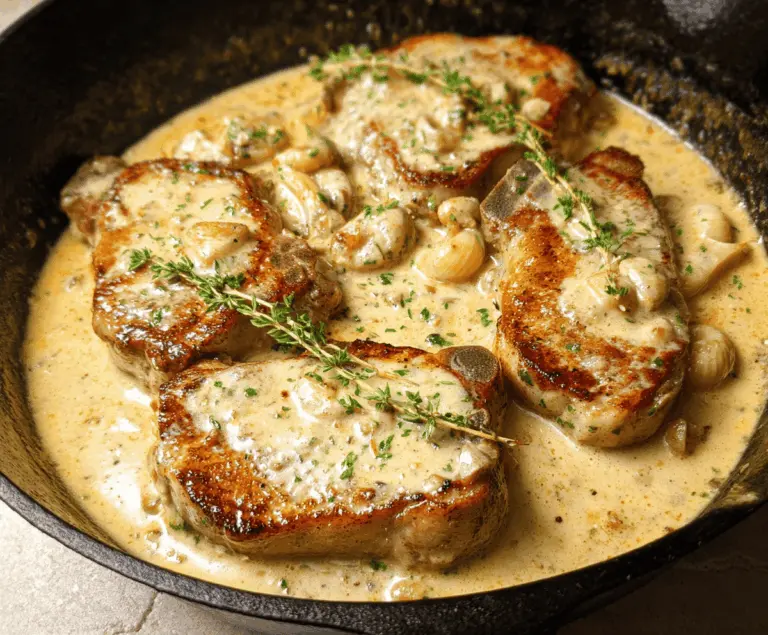 Creamy garlic pork chops served on a plate with herbs, showcasing a delicious and tender pork chop dish perfect for dinner