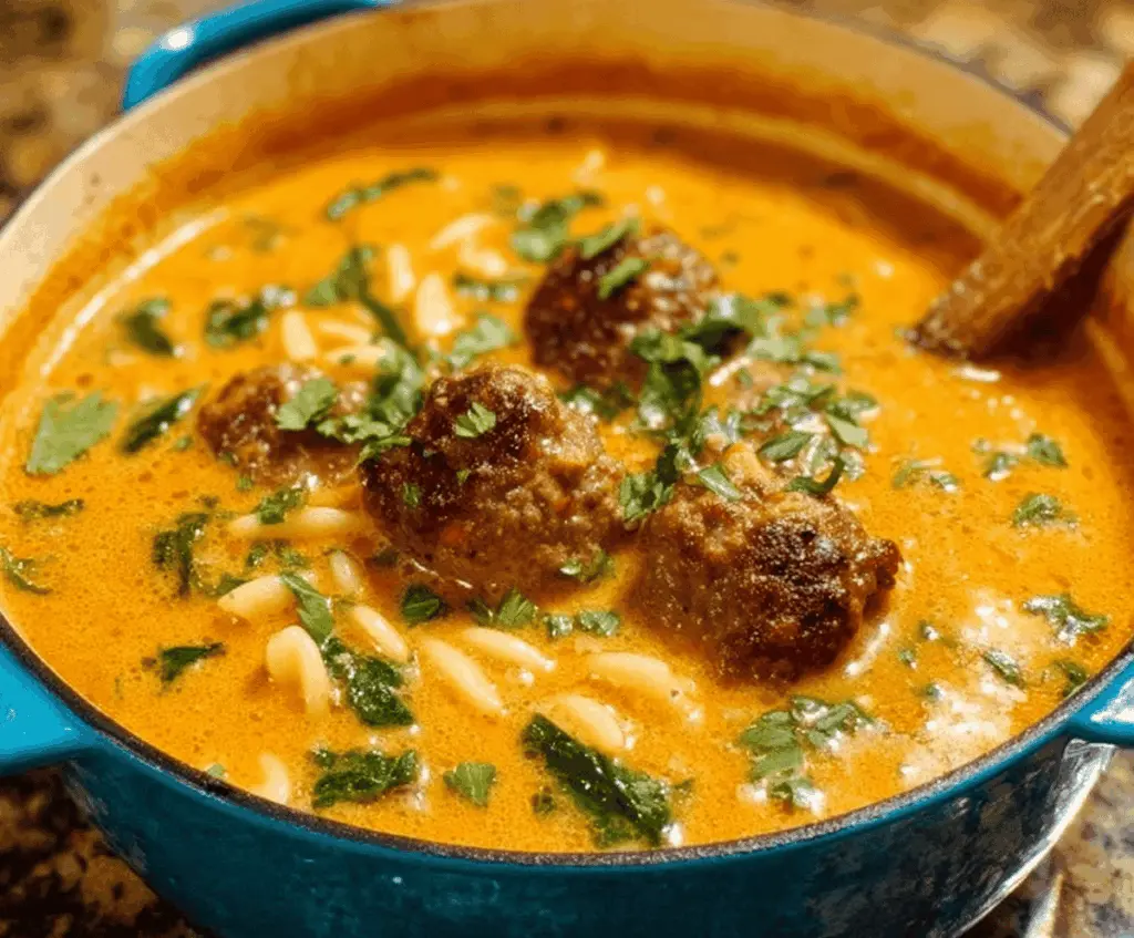 Hearty Creamy Italian Meatball Soup with meatballs, vegetables, and herbs in a creamy broth served in a bowl