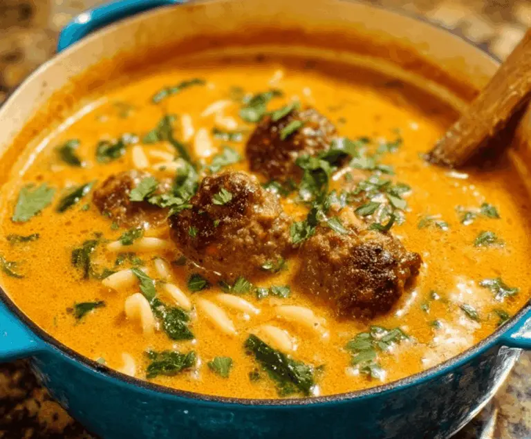 Hearty Creamy Italian Meatball Soup with meatballs, vegetables, and herbs in a creamy broth served in a bowl
