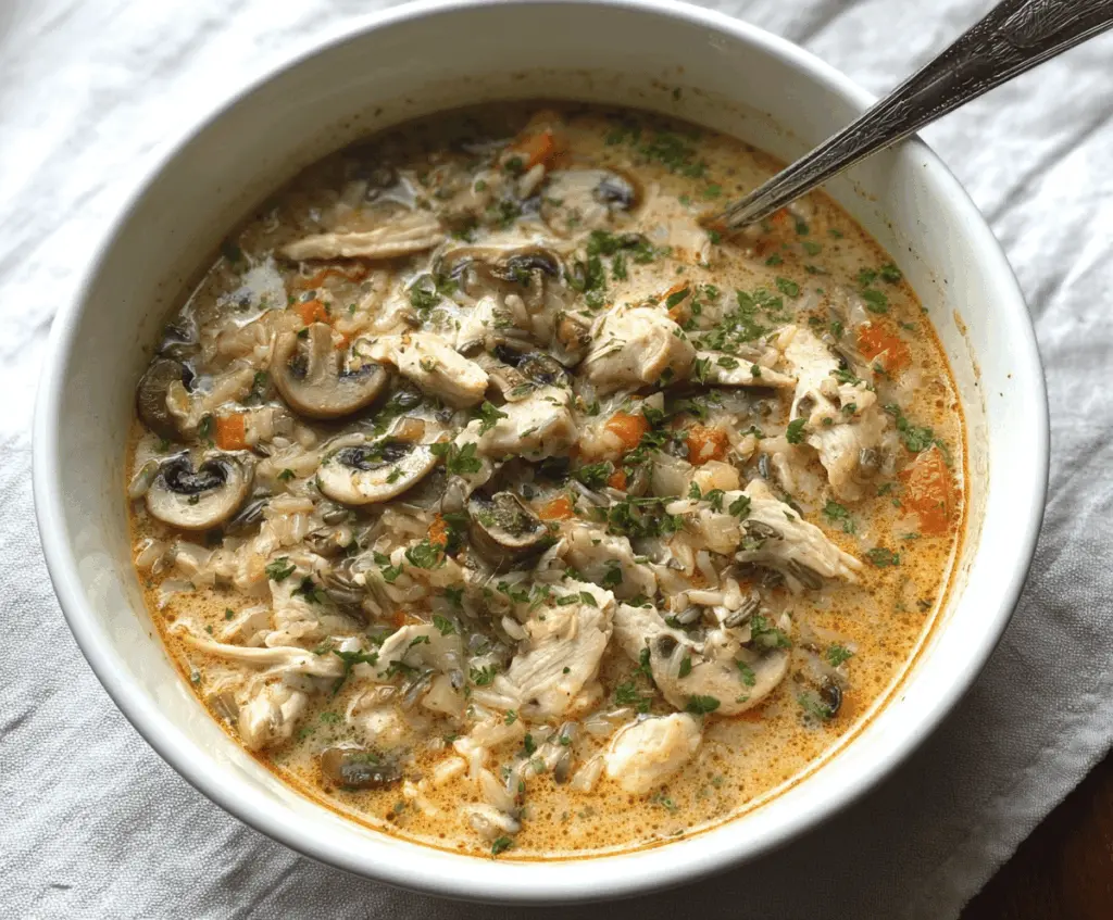 Creamy mushroom chicken and wild rice soup in a bowl, garnished with fresh herbs and served with crusty bread