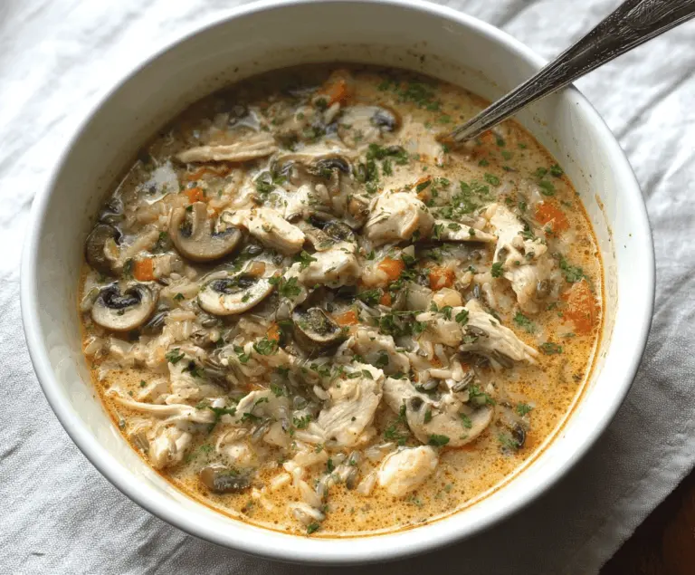 Creamy mushroom chicken and wild rice soup in a bowl, garnished with fresh herbs and served with crusty bread