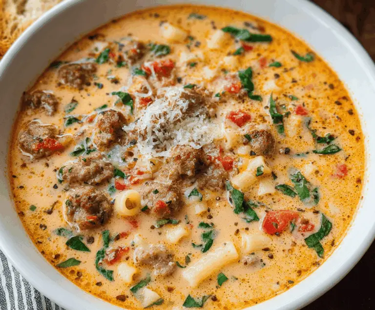 Creamy Parmesan Italian Sausage Soup with savory sausage, fresh herbs, and melted cheese served in a bowl