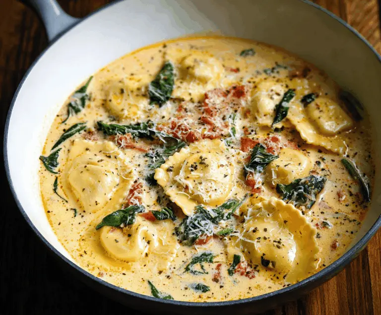 Creamy Tuscan Ravioli Soup with spinach, sun-dried tomatoes, and grated Parmesan cheese in a bowl