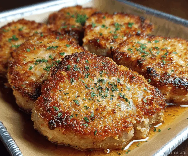 Golden, crispy Parmesan baked pork chops on a plate, garnished with fresh herbs, perfect for a flavorful dinner