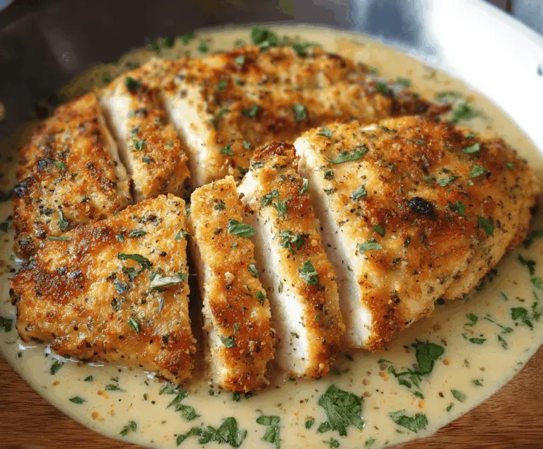 Golden, crispy Parmesan Chicken served on a plate with fresh herbs, showcasing a delicious, breaded exterior perfect for a flavorful meal.