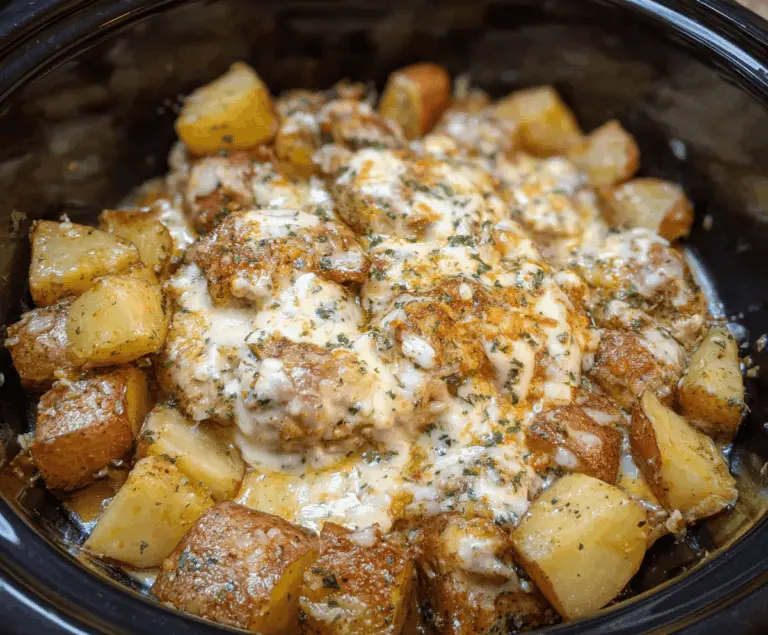 Delicious crockpot garlic parmesan chicken with tender potatoes, garnished with fresh herbs, ready to serve